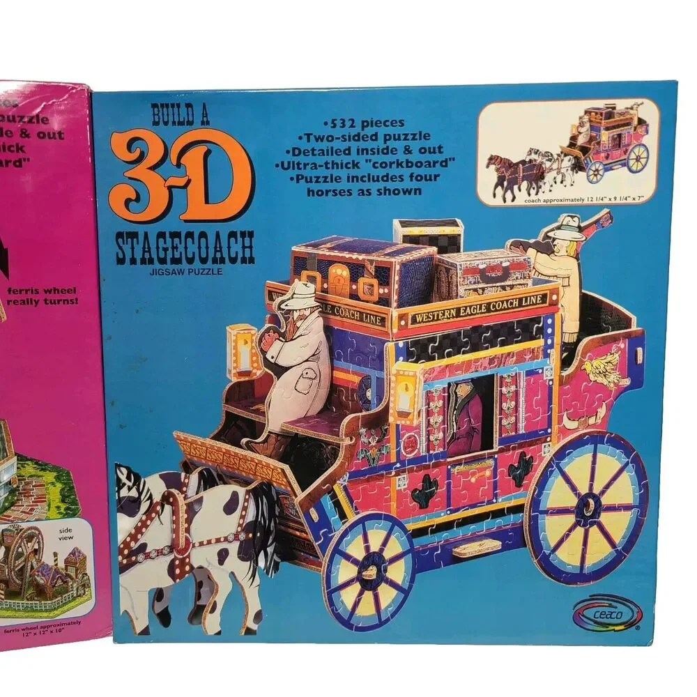 Stagecoach and  Ferris Wheel 3-D Puzzles 2 Jigsaw Puzzles Vintage 1994-95 Ceaco